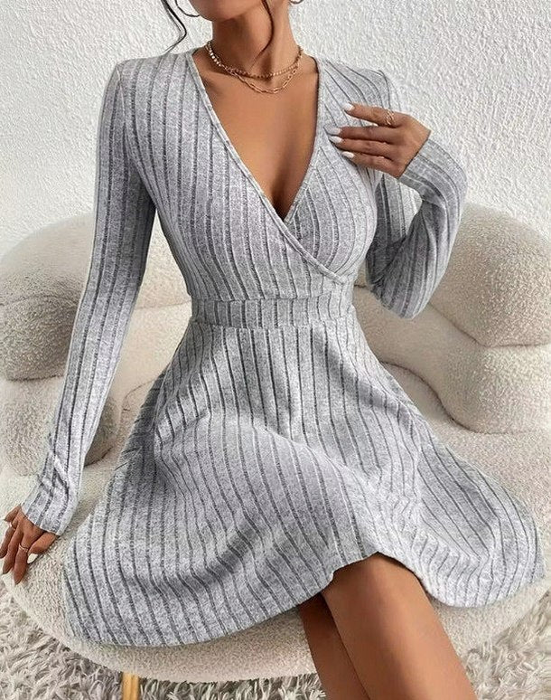 Ribbed Knit Long Sleeve Wrap Sweater Dress