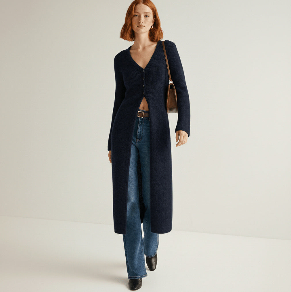 Ribbed Longline V-Neck Cardigan