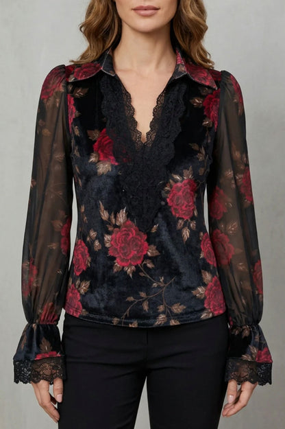 Long Sleeve Rose Print Velvet Lace Blouse
