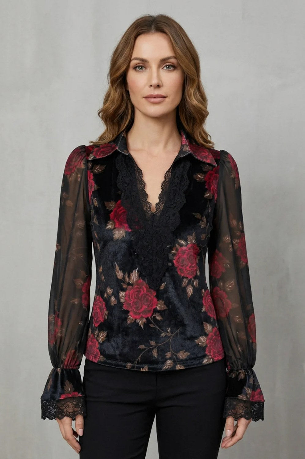 Long Sleeve Rose Print Velvet Lace Blouse