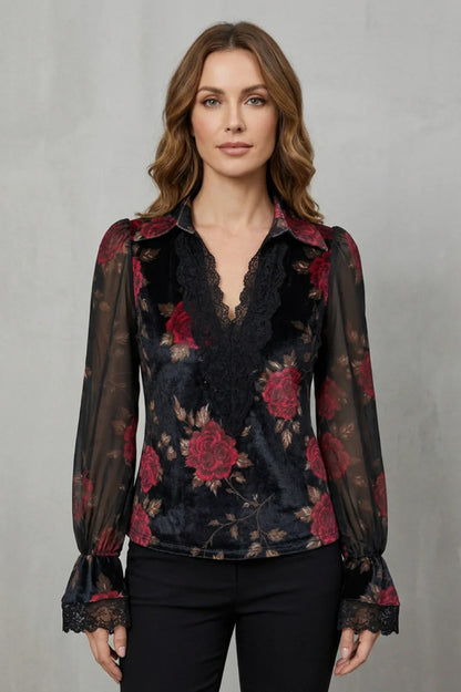 Long Sleeve Rose Print Velvet Lace Blouse