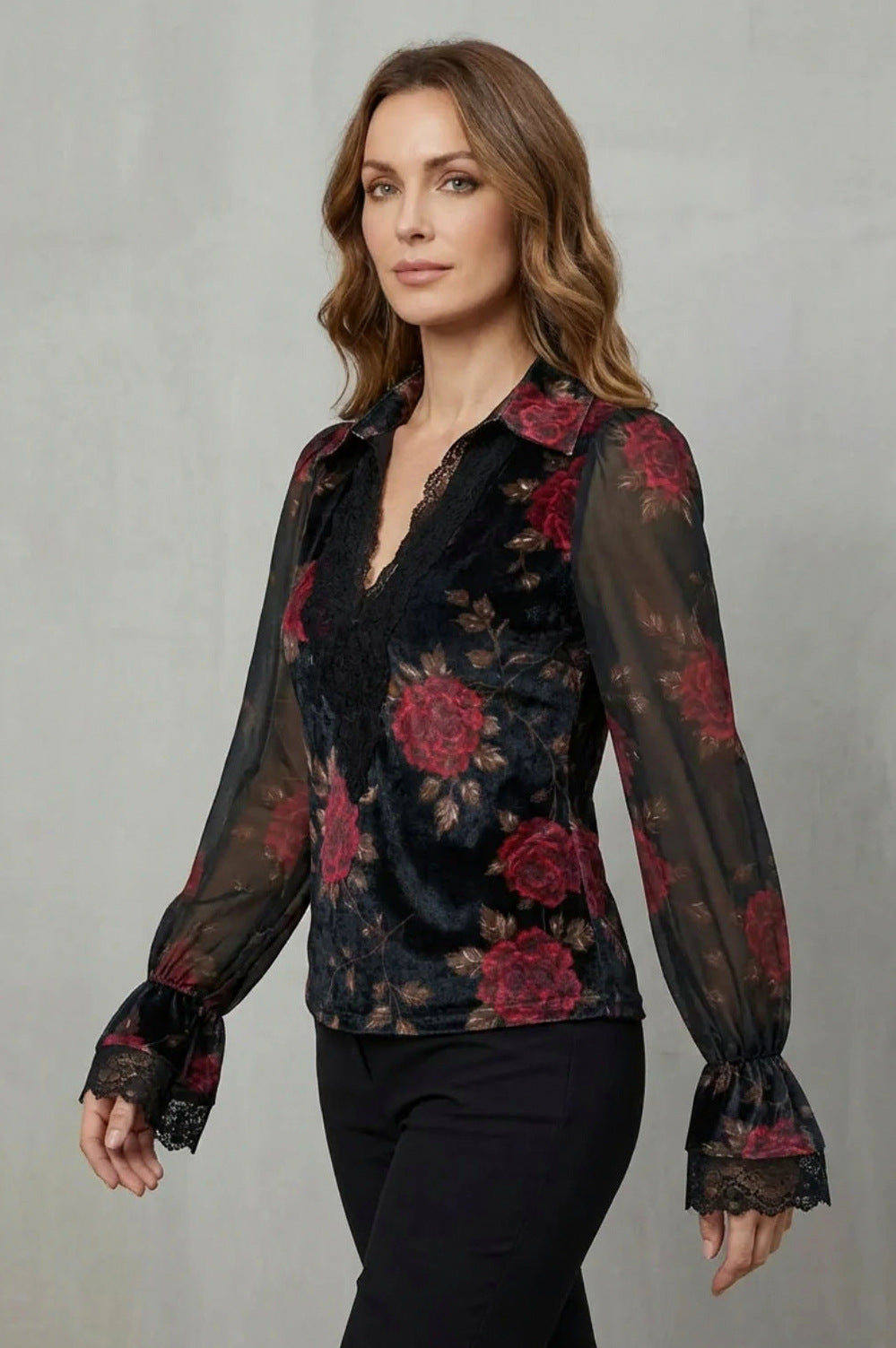 Long Sleeve Rose Print Velvet Lace Blouse