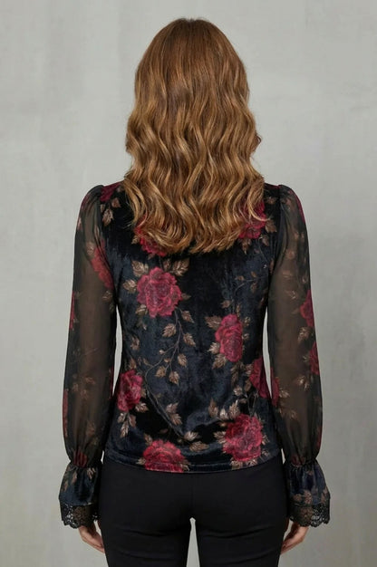 Long Sleeve Rose Print Velvet Lace Blouse
