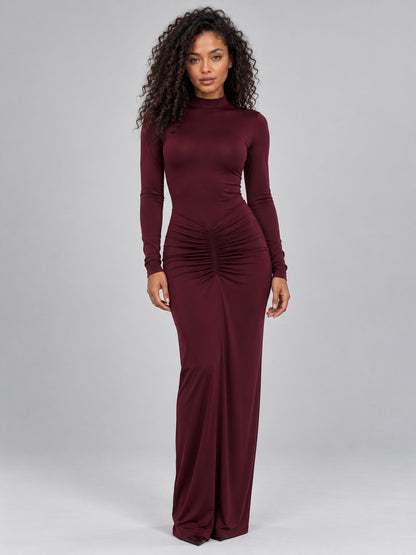 Long Sleeve Ruched Mock Neck Column Maxi Dress