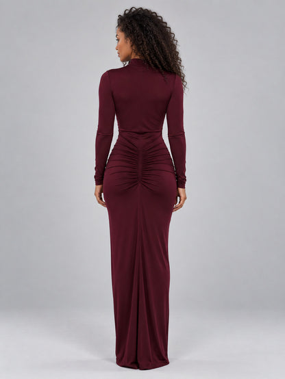 Long Sleeve Ruched Mock Neck Column Maxi Dress