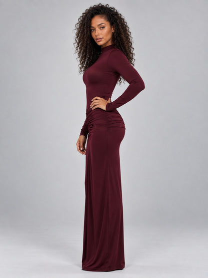 Long Sleeve Ruched Mock Neck Column Maxi Dress
