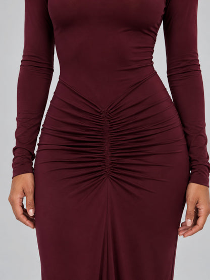 Long Sleeve Ruched Mock Neck Column Maxi Dress
