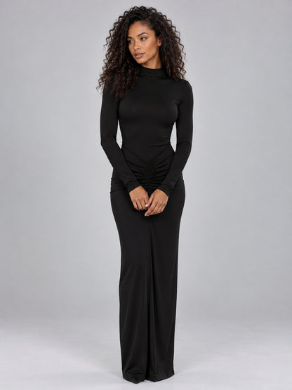Long Sleeve Ruched Mock Neck Column Maxi Dress