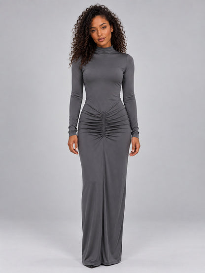 Long Sleeve Ruched Mock Neck Column Maxi Dress