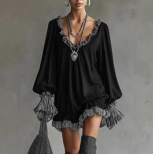 Long Sleeve Ruffle Trim Babydoll Mini Dress