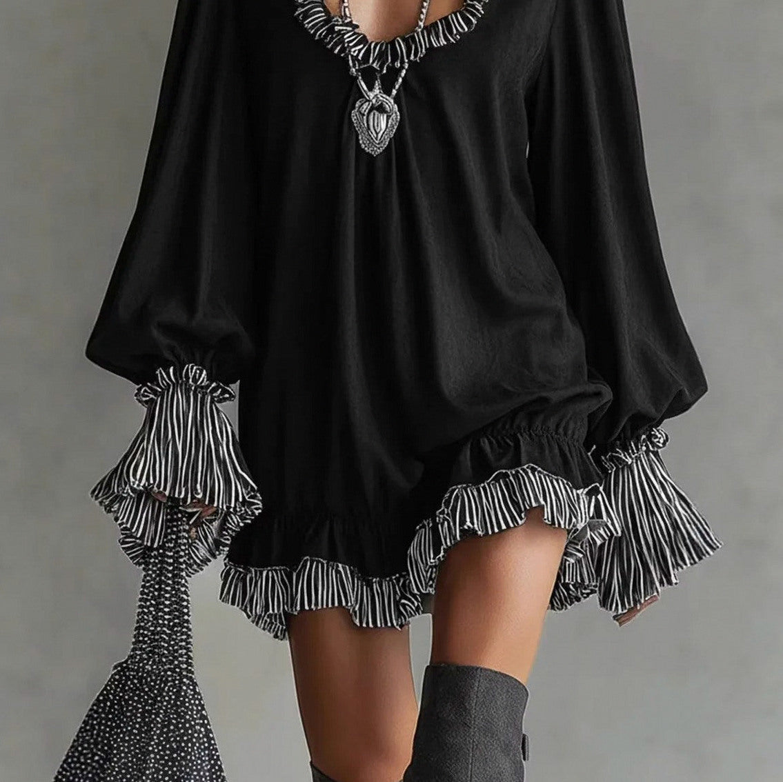 Long Sleeve Ruffle Trim Babydoll Mini Dress