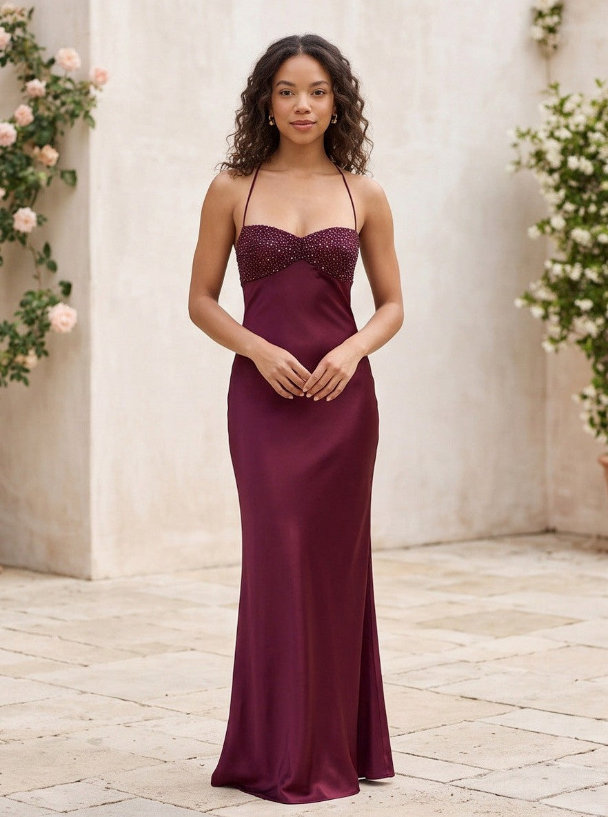 Satin Beaded Sweetheart Maxi Dress