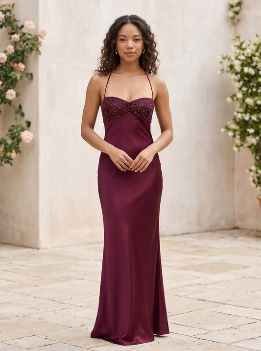 Satin Beaded Sweetheart Maxi Dress
