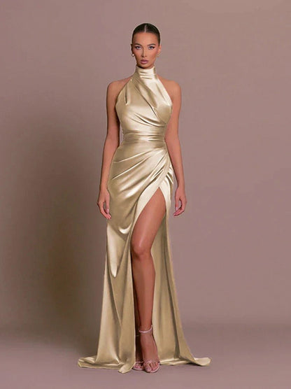 Satin Halter Draped Maxi Dress