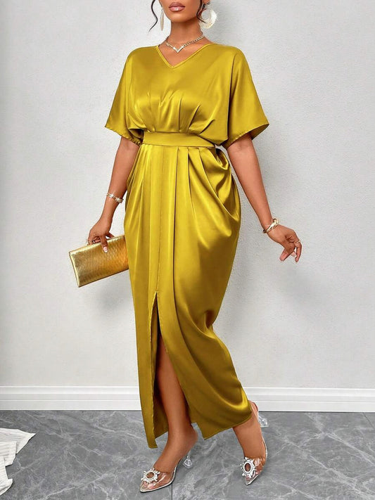 Satin Pleated Slit Maxi Dress