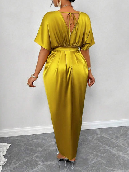 Satin Pleated Slit Maxi Dress