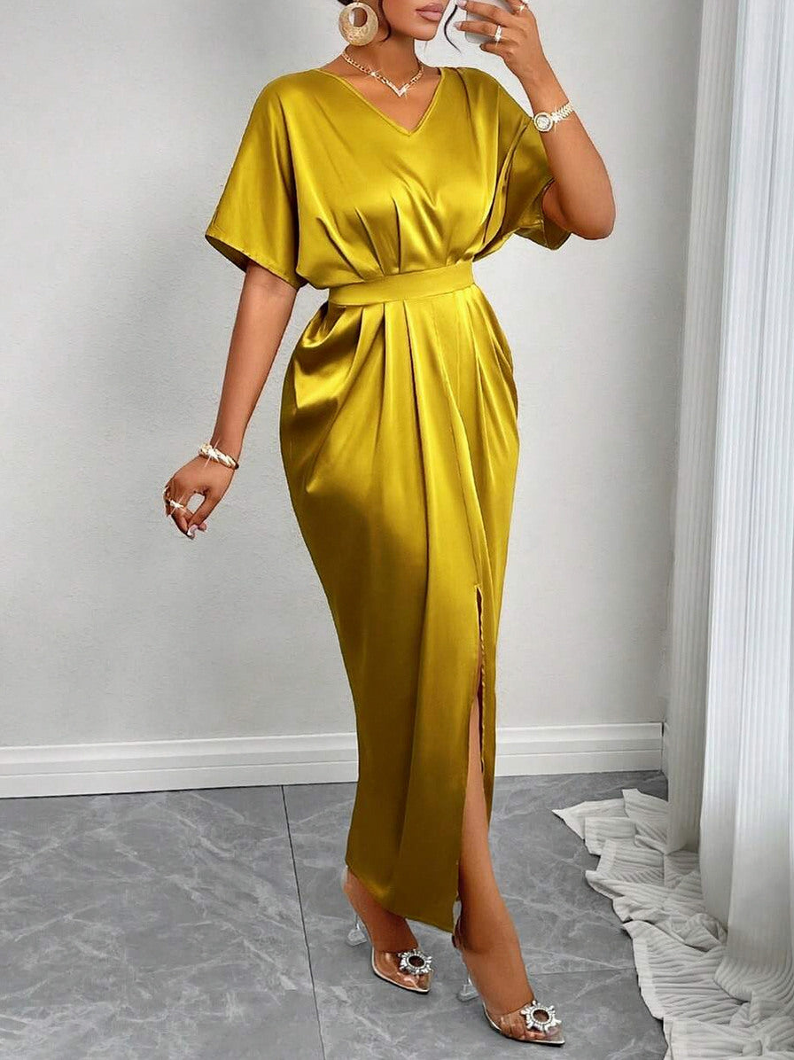 Satin Pleated Slit Maxi Dress
