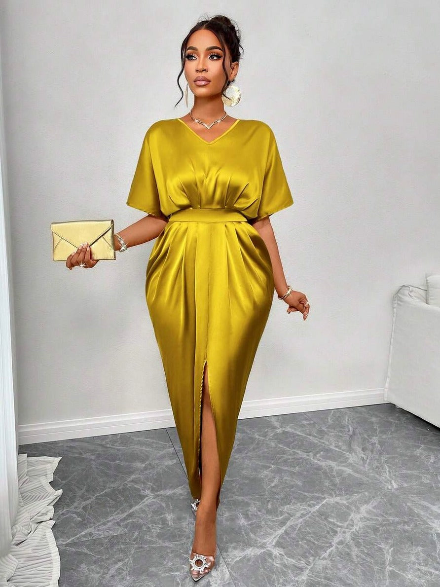 Satin Pleated Slit Maxi Dress