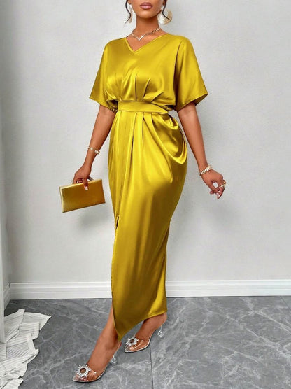 Satin Pleated Slit Maxi Dress