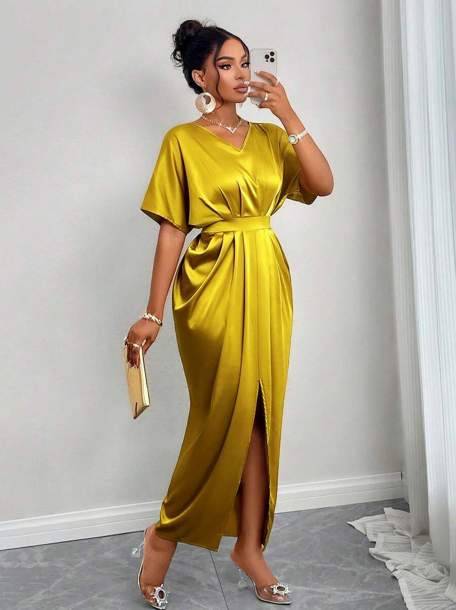 Satin Pleated Slit Maxi Dress