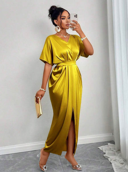 Satin Pleated Slit Maxi Dress