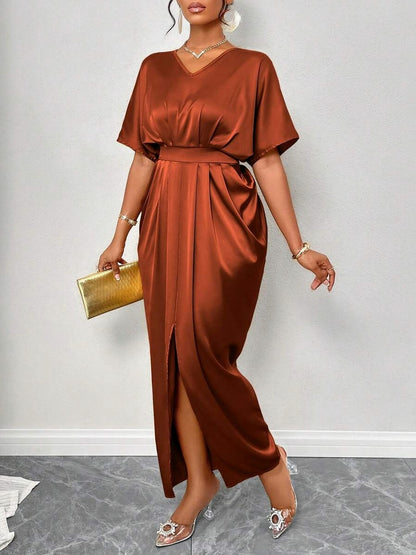Satin Pleated Slit Maxi Dress