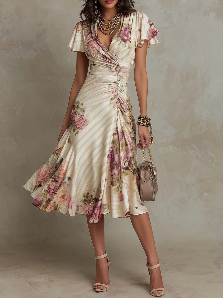 Satin Ruched Wrap Midi Dress