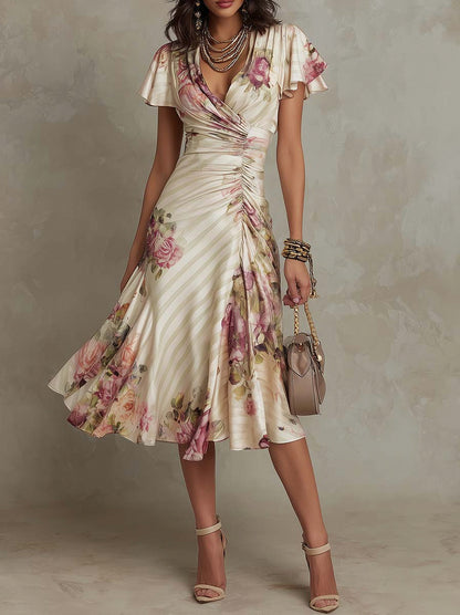 Satin Ruched Wrap Midi Dress