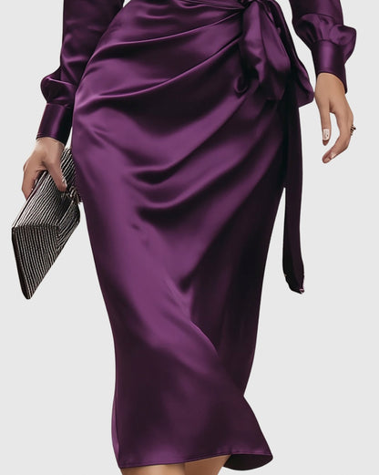 Satin Wrap Long Sleeve Midi Dress
