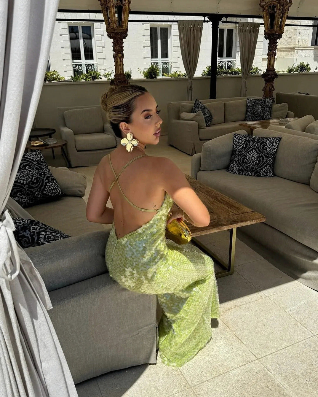 Sequin Cowl Neck Backless Maxi Dress
