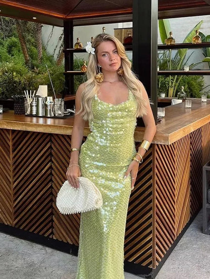 Sequin Cowl Neck Backless Maxi Dress