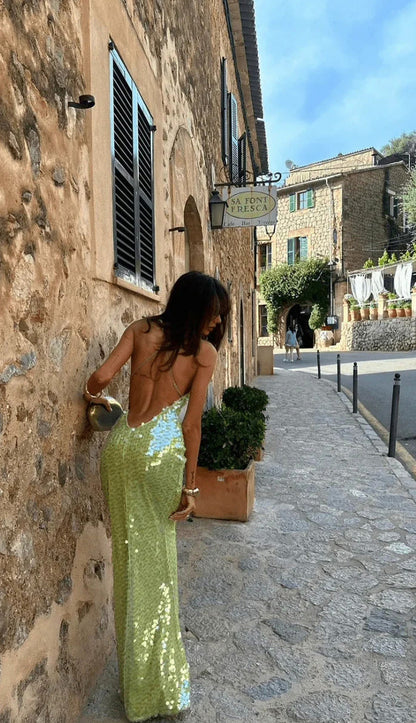 Sequin Cowl Neck Backless Maxi Dress