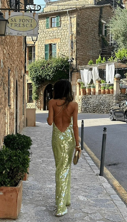 Sequin Cowl Neck Backless Maxi Dress