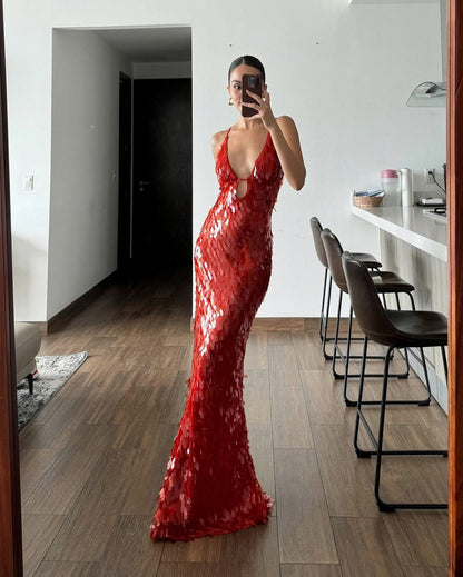 Sequin Cutout Fitted Maxi Dress