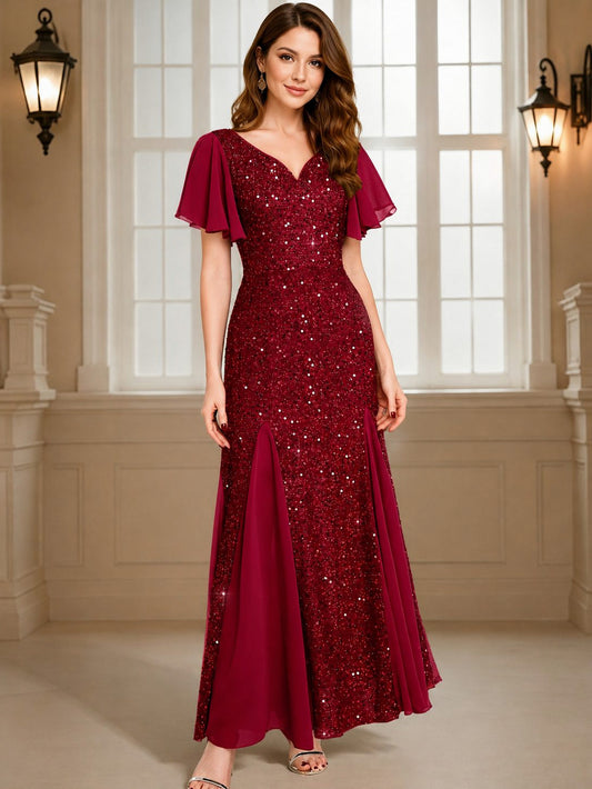 Sequin Flutter Sleeve Maxi Dress