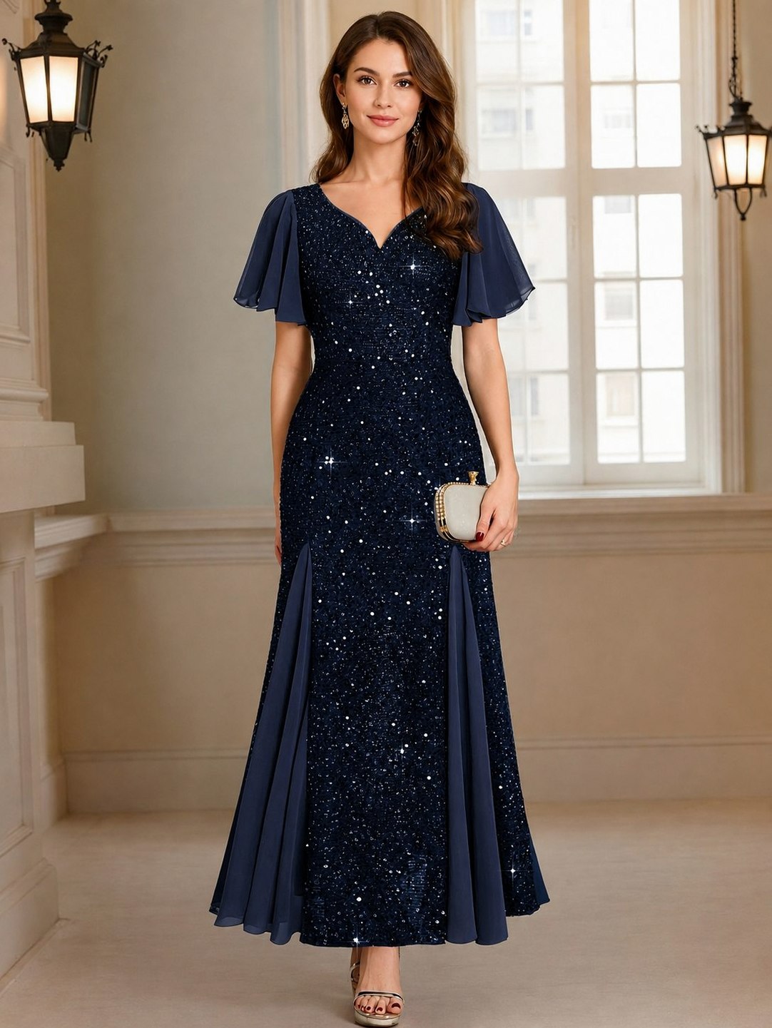Sequin Flutter Sleeve Maxi Dress