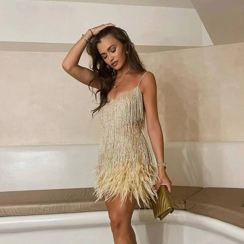 Sequin Fringe Feather Mini Dress