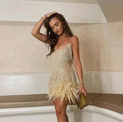 Sequin Fringe Feather Mini Dress