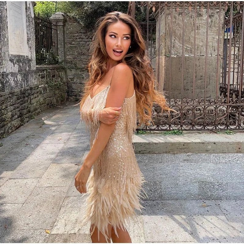 Sequin Fringe Feather Mini Dress