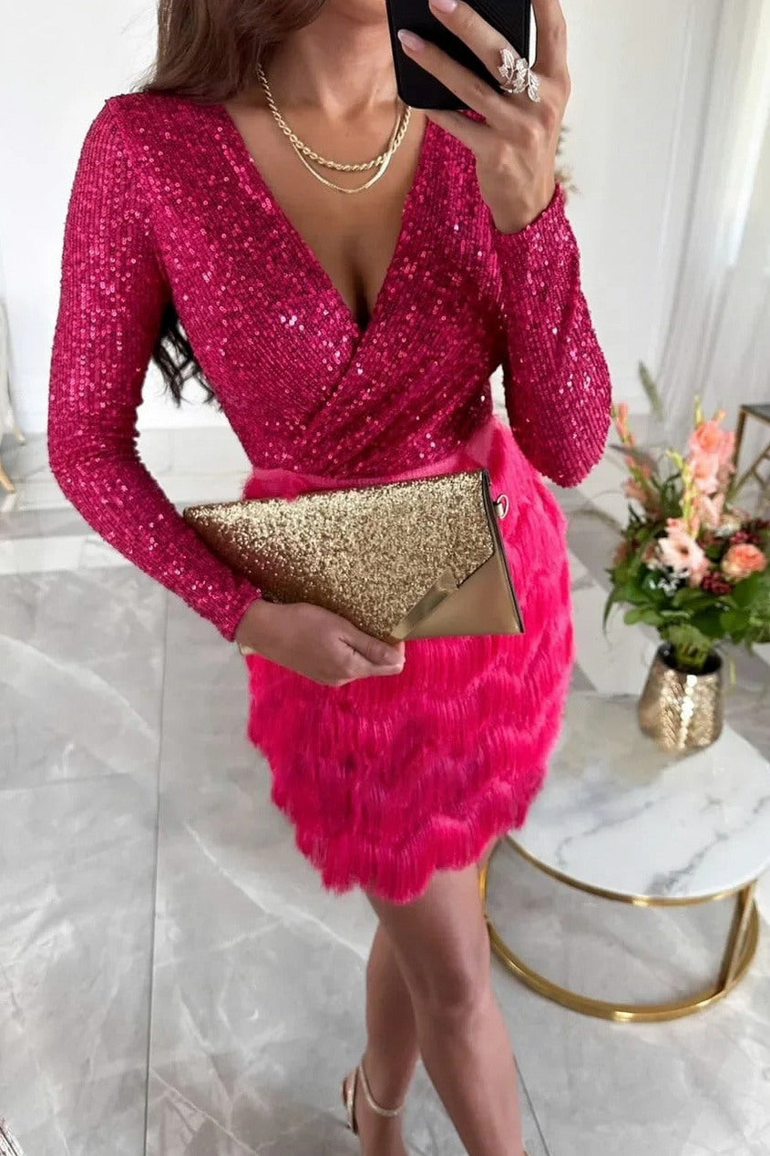 Sequin Fringe Wrap Mini Dress