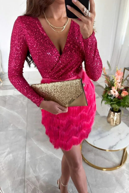 Sequin Fringe Wrap Mini Dress