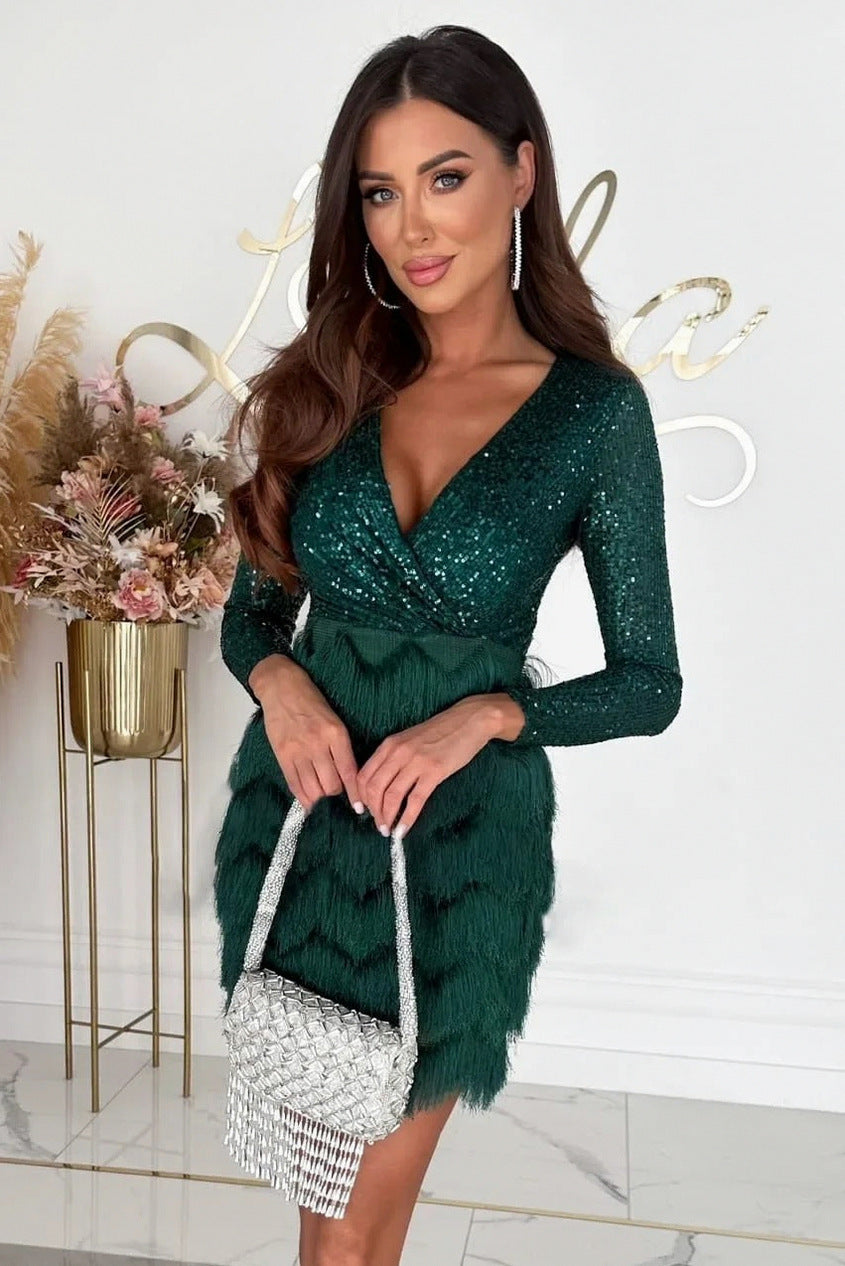 Sequin Fringe Wrap Mini Dress