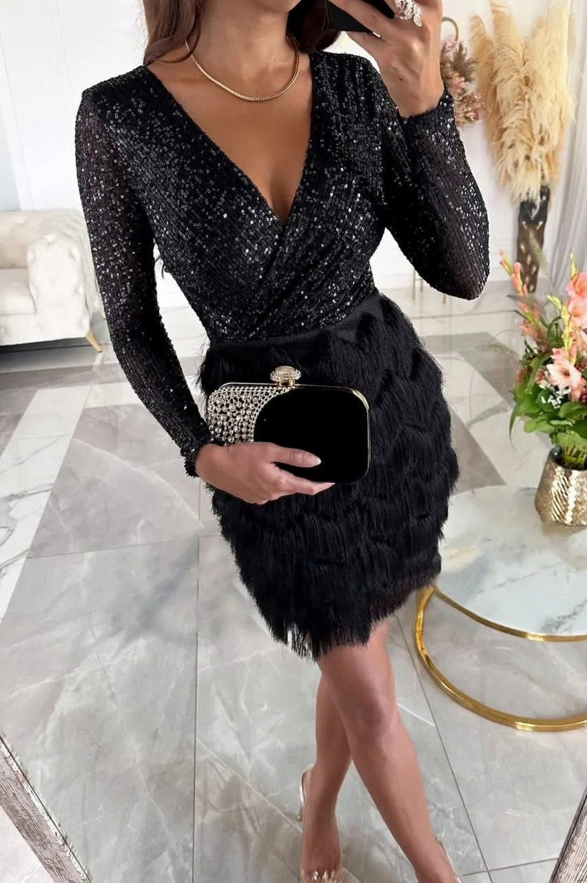 Sequin Fringe Wrap Mini Dress