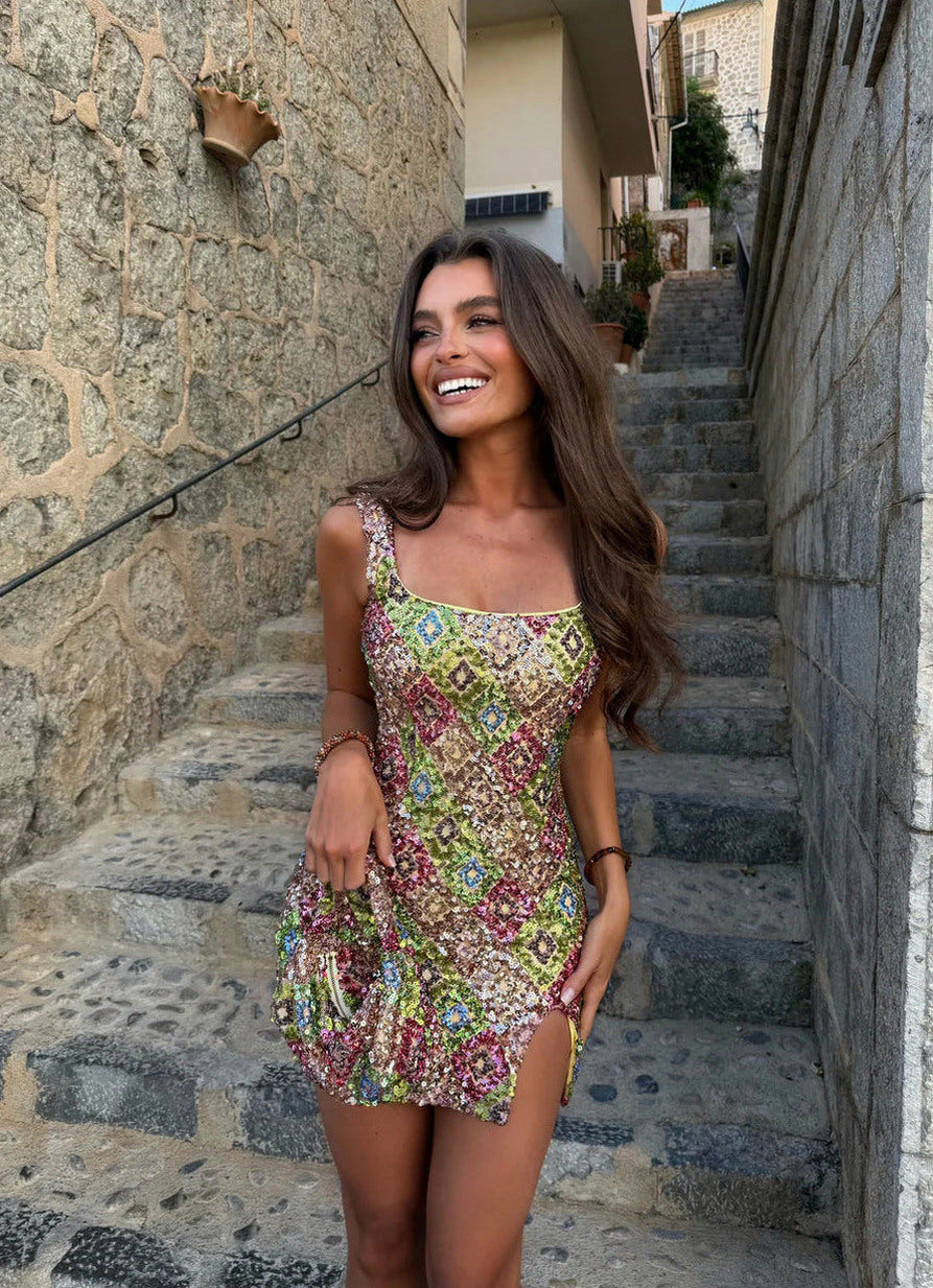 Sequin Geometric Square Neck Mini Dress
