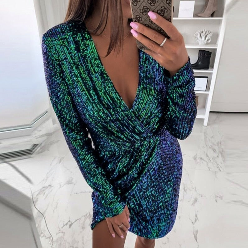 Sequin Long Sleeve Wrap Mini Dress