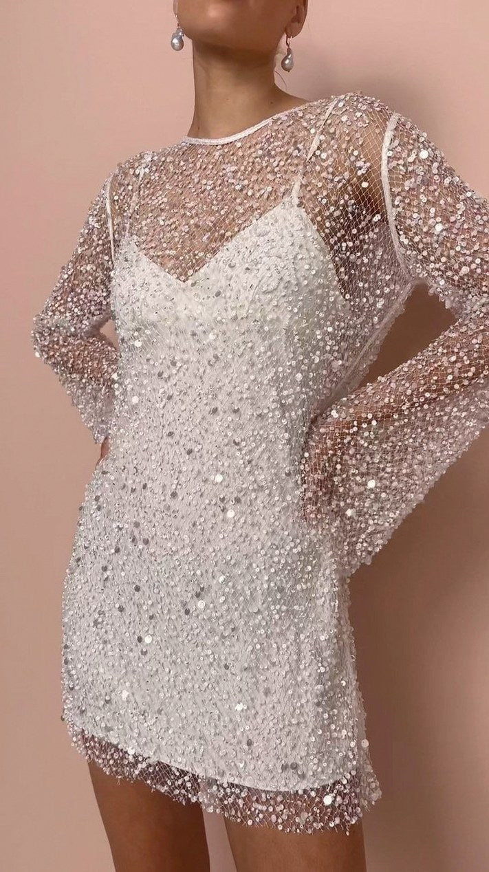 Sequin Mesh Bell Sleeve Mini Dress