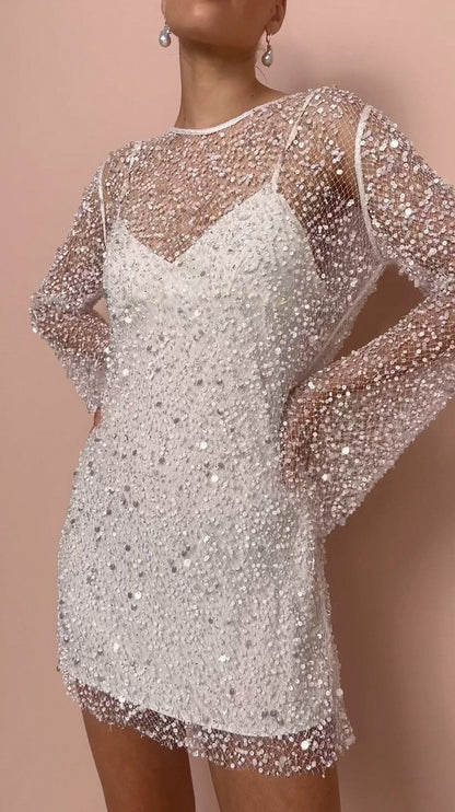 Sequin Mesh Bell Sleeve Mini Dress