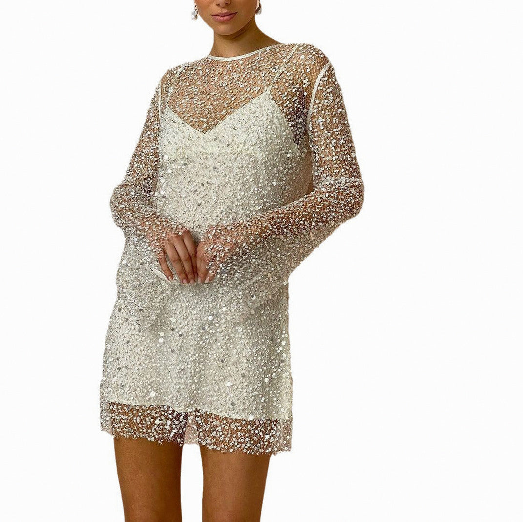 Sequin Mesh Bell Sleeve Mini Dress