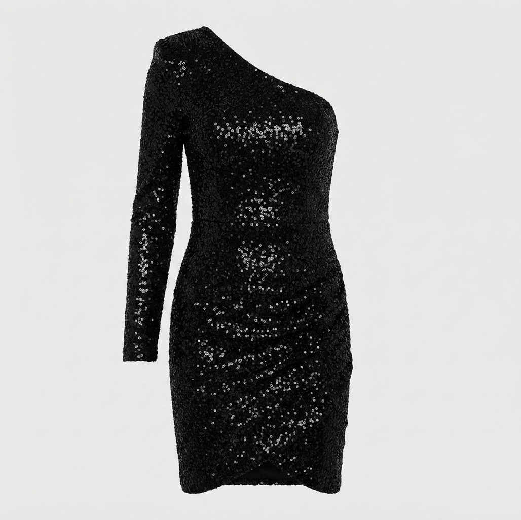 Sequin Long Sleeve One Shoulder Mini Dress