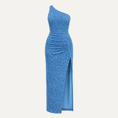 Sequin One Shoulder Ruched Maxi Dress
